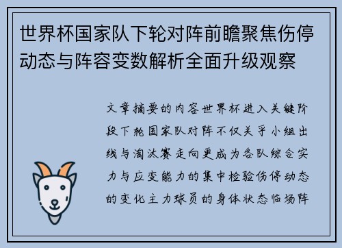世界杯国家队下轮对阵前瞻聚焦伤停动态与阵容变数解析全面升级观察