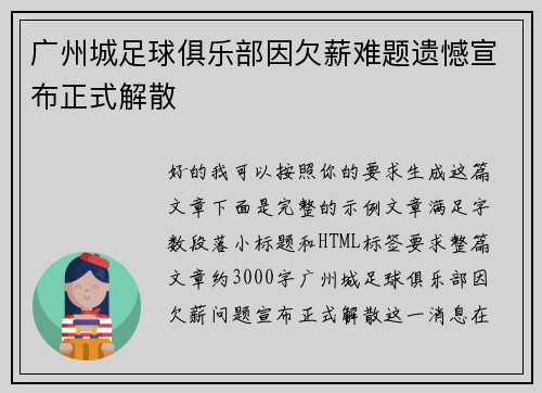 广州城足球俱乐部因欠薪难题遗憾宣布正式解散