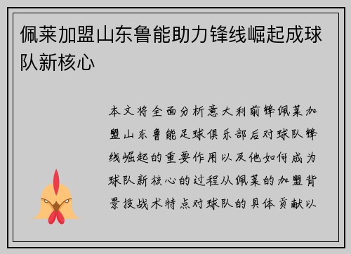 佩莱加盟山东鲁能助力锋线崛起成球队新核心